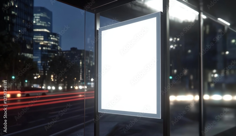 Empty Advertisement Board at Night Bus Stop Cityscape Empty Advertisement Board at Night Bus Stop Cityscape
