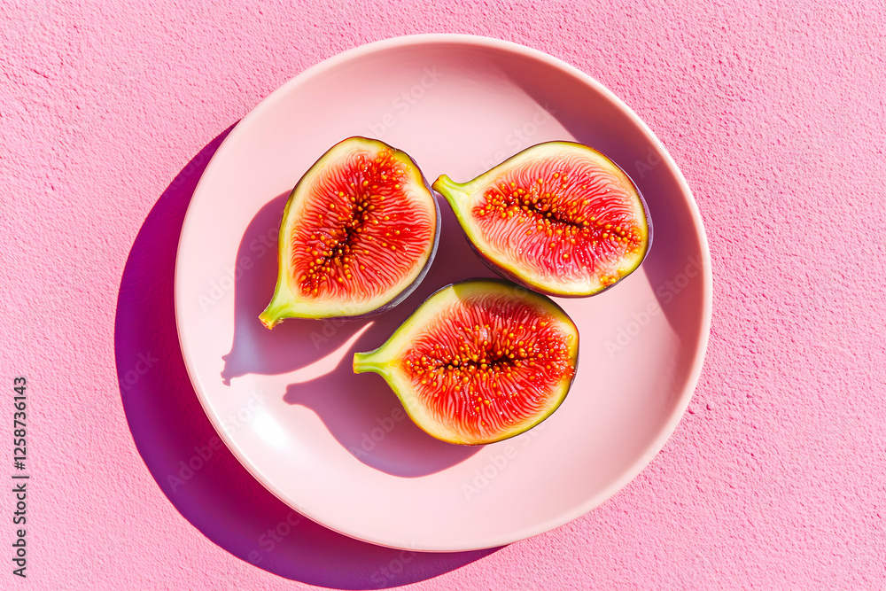 Three juicy figs on a pink plate, bathed in sunlight, creating a vibrant and appetizing still life. Perfect for food blogs, magazines, and healthy eating content.