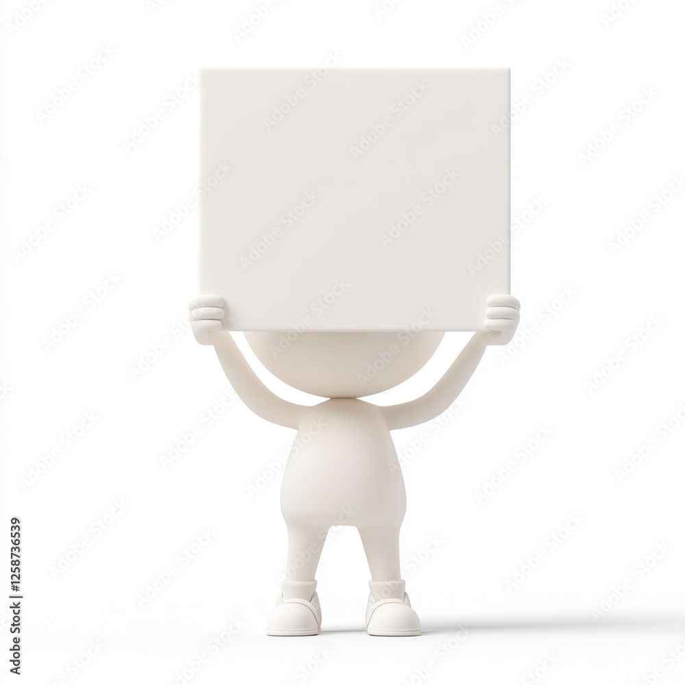 White figure holding blank sign, studio shot, advertising mockup White figure holding blank sign, studio shot, advertising mockup