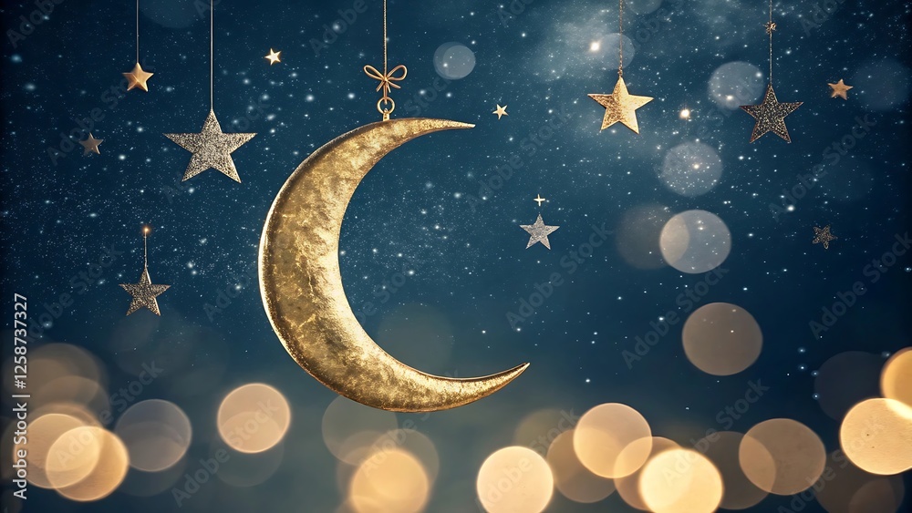 Fototapeta premium Golden crescent moon, stars hanging, bokeh background