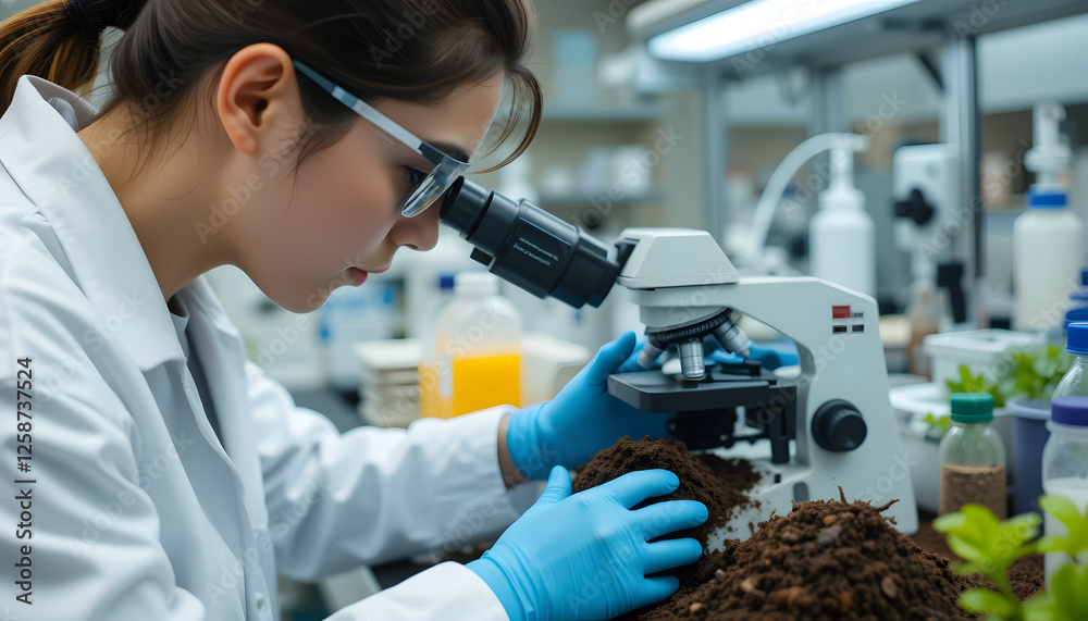 Focused Female Scientist Examining Soil Sample Under Microscope Focused Female Scientist Examining Soil Sample Under Microscope