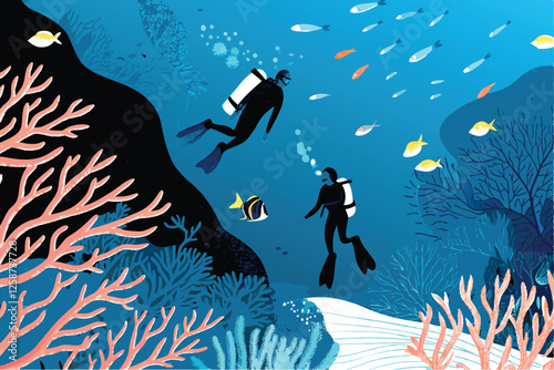 Vibrant vector illustration of underwater travel scene featuring diverse coral reefs and tropical fish, suitable for travel brochures or website design.