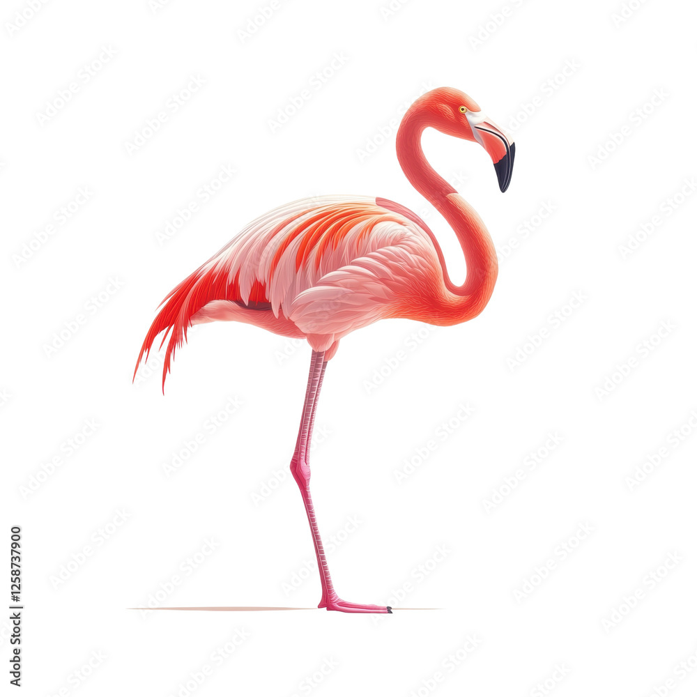 Fototapeta premium Flamingo standing gracefully, white isolated background