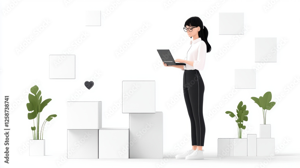 Fototapeta premium Minimalist 3D illustration of woman in black pants and white shirt working on laptop, surrounded by white cubes and green plants, with clean and modern aesthetic