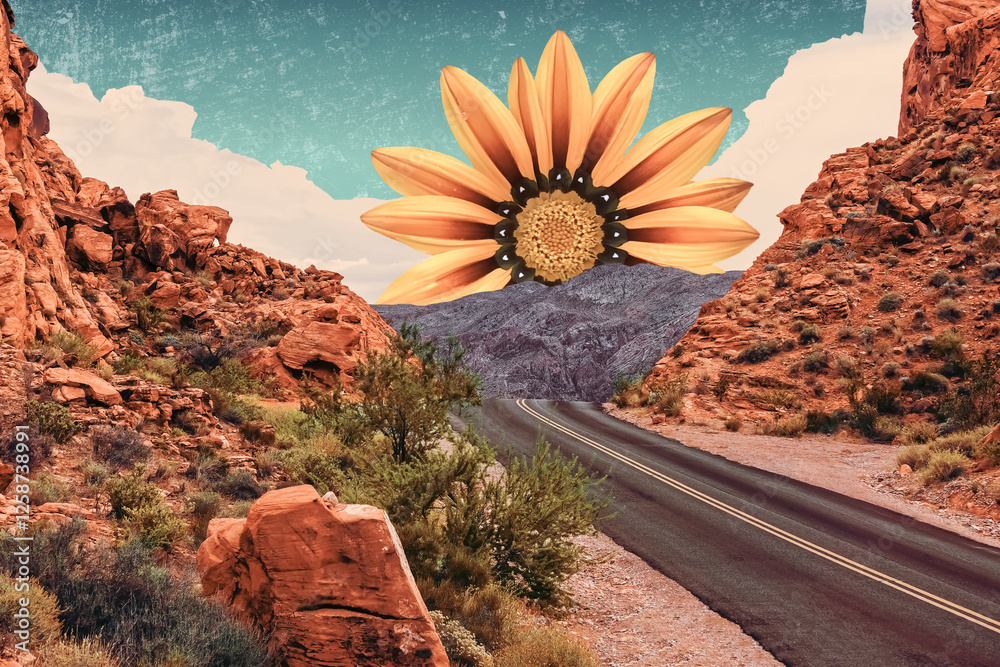 Minimal landscape collage with road, mountain and sun. Abstract textured background