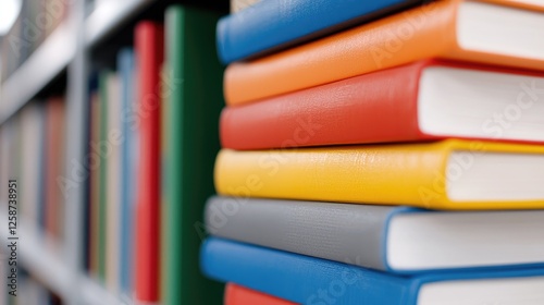 Books stacked on library shelves photo