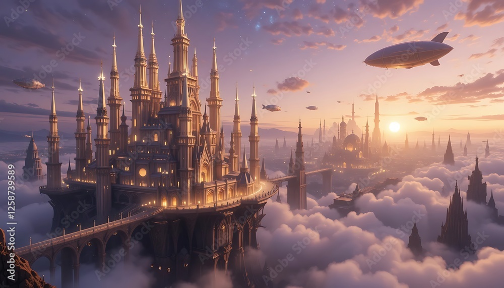 Fototapeta premium Fantastic Castle Above Clouds with Airships and Sunset Glow Scenery