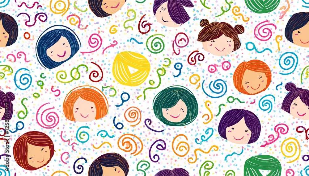 Fototapeta premium Kid seamless pattern child fun shape squiggle confetti background. Hand drawn color crayon background fun child squiggle shape. Crayon color confetti abstract seamless pattern perfect any project.