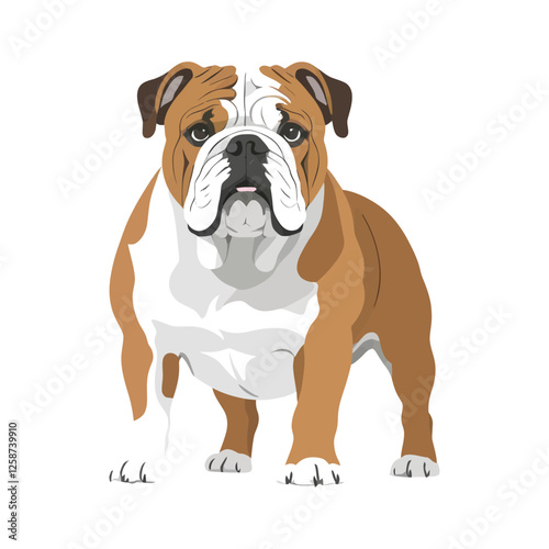 Adorable English Bulldog, Perfect for Pet Lovers/Full shot of a cartoonish English Bulldog, showcasing its friendly expression and classic brindle and white coloring.