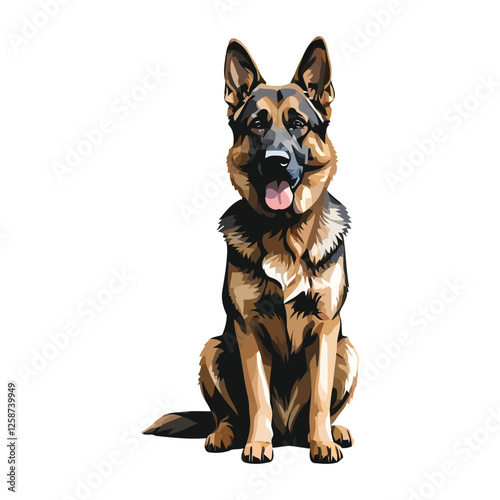 Colorful German Shepherd Illustration Against a Clean Background/A vibrant, stylized illustration of a German Shepherd dog sitting, set against a plain white background.