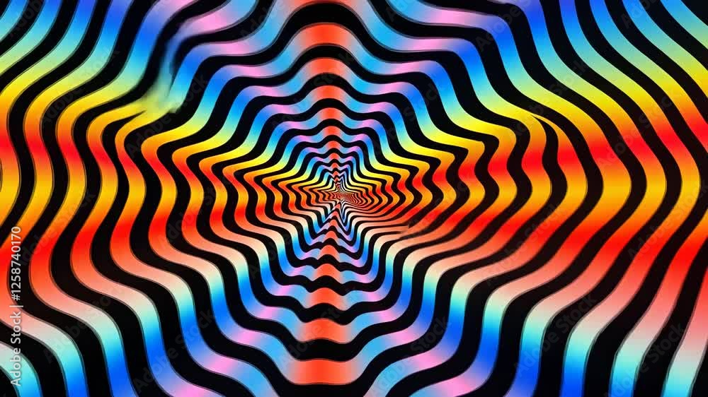 Psychedelic video concept with vibrant, wavy patterns in rainbow colors. The camera angle is centered, creating a hypnotic, tunnel-like effect. Psychedelic video concept with vibrant, wavy patterns in rainbow colors. The camera angle is centered, creating a hypnotic, tunnel-like effect.