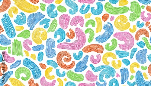 Kid seamless pattern child fun shape squiggle confetti background. Hand drawn color crayon background fun child squiggle shape. Crayon color confetti abstract seamless pattern perfect any project.