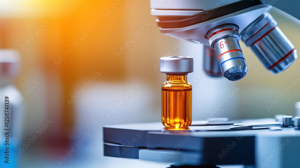 Close-Up of a Laboratory Microscope Focusing on a Sample Vial with Orange Liquid, Symbolizing Scientific Research and Innovative Discoveries in Chemistry Close-Up of a Laboratory Microscope Focusing on a Sample Vial with Orange Liquid, Symbolizing Scientific Research and Innovative Discoveries in Chemistry