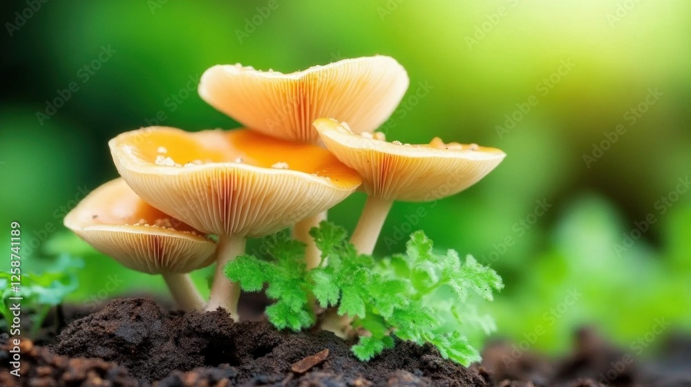 A vibrant cluster of mushrooms growing amidst lush green foliage. A vibrant cluster of mushrooms growing amidst lush green foliage.