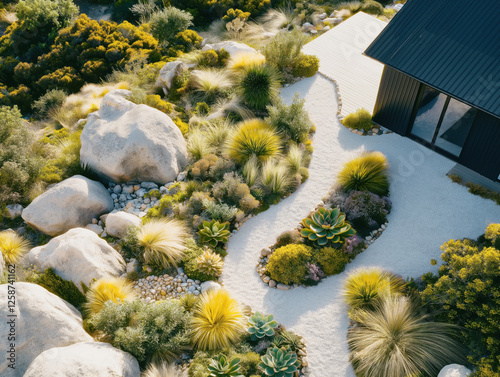 Modern desert landscape design with drought-resistant plants and rock garden pathway photo
