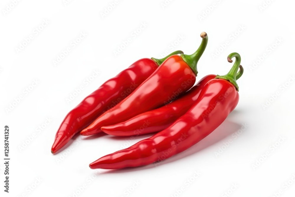 Three vibrant red chili peppers, glossy, isolated , ingredient, peppers, image Three vibrant red chili peppers, glossy, isolated , ingredient, peppers, image