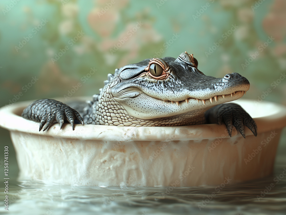 Fototapeta premium A huge, dangerous green crocodile lying in the bathtub. Problems of ecology and nature, concept. Generative Ai