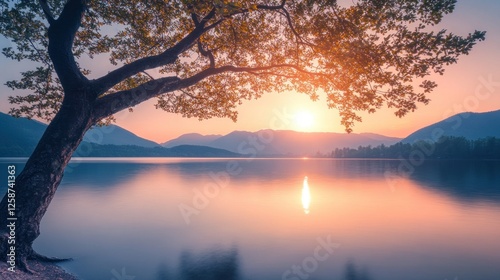 Serene Sunset over Mountain Lake