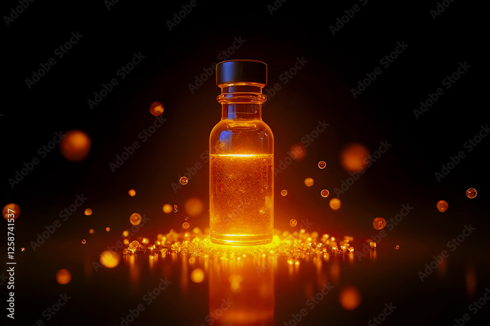 Glowing Amber Elixir in Glass Bottle. Glowing Amber Elixir in Glass Bottle.