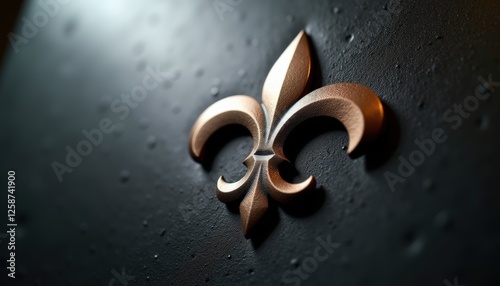 Metallic Fleur-de-Lis symbol on dark textured surface. Francophile, France vacation, language, Mardi Gras, Bastille Day, French Independence and national day. Sign associated with purity and royalty