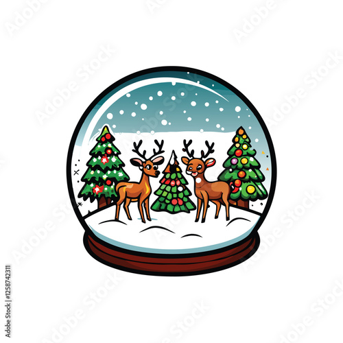 Create a charming vector illustration of a reindeer family frolicking in a snowy winter landscape.  Include detailed fur and glistening snow.