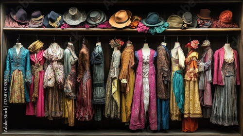 Vintage Wardrobe Collection: Elegant Dresses and Hats on Display Mannequins