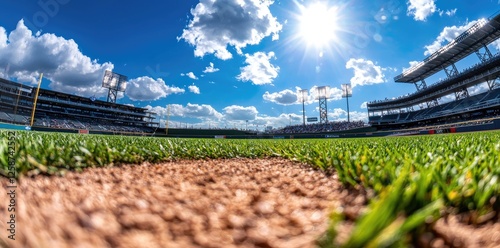 Panoramic Modern Baseball Stadium under Blue Skies Ready for Action photo