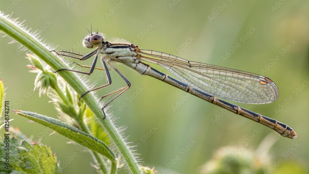 Emerging Agriocnemis femina with wings still soft and folded, molting, dragonfly, nature, wing, aquatic life