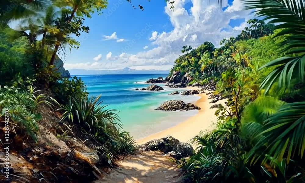 Serene tropical beach scene with lush greenery, gentle waves, and vibrant clouds in the background Serene tropical beach scene with lush greenery, gentle waves, and vibrant clouds in the background