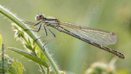 Emerging Agriocnemis femina with wings still soft and folded, molting, dragonfly, nature, wing, aquatic life photo