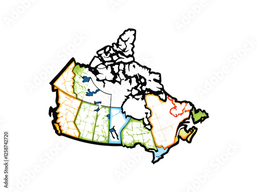 Create a vector map of Canada highlighting its major provinces with distinct colors and clear labels.  Include provincial boundaries.
