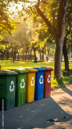 colorful trash cans recycling symbol park sunny day green trees smart waste management