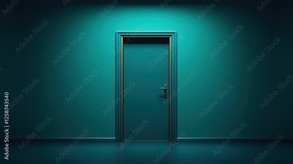 Teal Door In Dark Room With Spotlight Teal Door In Dark Room With Spotlight