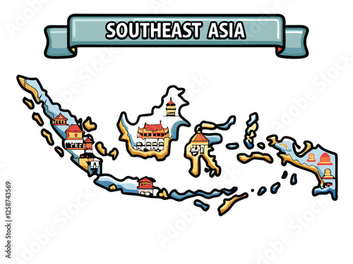 Create a detailed vector map of Southeast Asia highlighting key cultural landmarks.  Include country borders and major cities.
