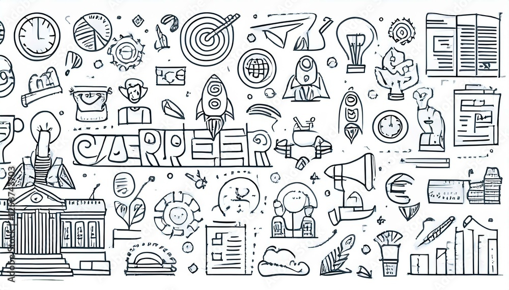 Fototapeta premium Doodle career icon set. Success winner, business goal, challenge hand drawn sketch line pen stroke style icon. Professional business career, goal sketch doodle drawn collection. perfect any project.
