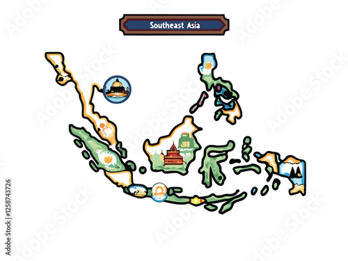Create a vibrant vector map of Southeast Asia showcasing key cultural landmarks like Angkor Wat, Borobudur, and the Petronas Towers.  Include country borders and major cities.
