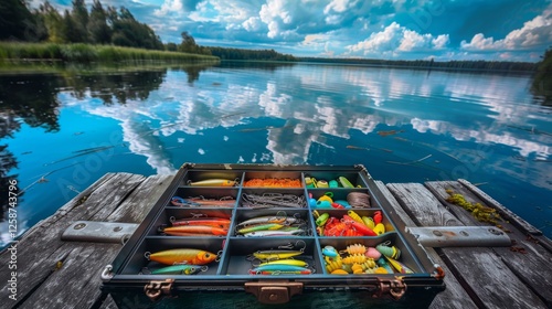 A well organized fishing tackle box displays various lures and hooks on a wooden dock. The peaceful lake reflects a clear sky with fluffy clouds, creating a picturesque outdoor scene. photo