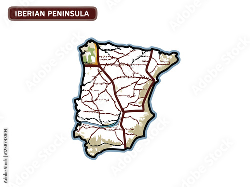 Create a detailed vector map of the Iberian Peninsula highlighting major cities, rivers, and mountain ranges.  Include a key.