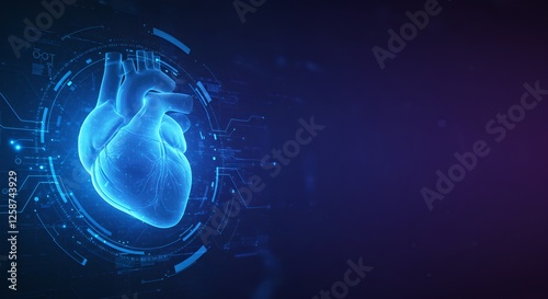 Futuristic 3D hologram of human heart with digital interface. Advanced cardiology, telemedicine, and AI-assisted diagnosis concept in blue tones