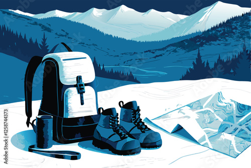 Create a vibrant vector illustration of a sturdy backpack, durable hiking boots, and a detailed topographical map, ready for an adventurous hike.