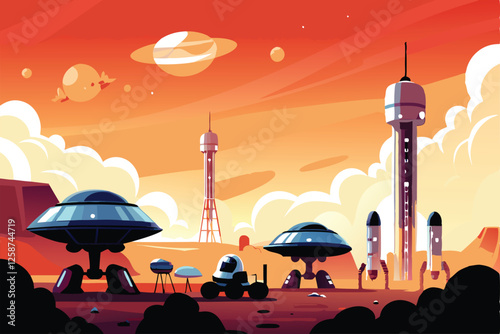 Create a detailed vector illustration of a futuristic Martian colony, showcasing advanced architecture and a friendly, non-threatening alien interacting with human colonists.