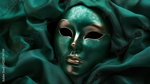 Elegant emerald green carnival mask with metallic details photo