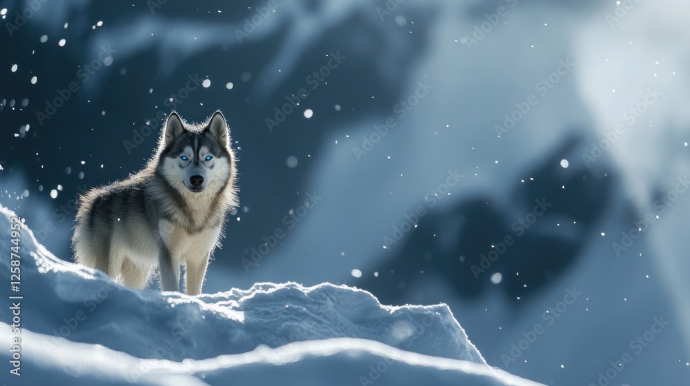 Majestic Siberian Husky stands in snowy winter landscape Majestic Siberian Husky stands in snowy winter landscape