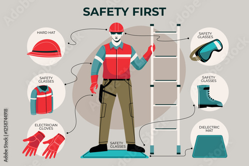 Worker With Personal Protective Equipments and Safety Icons 