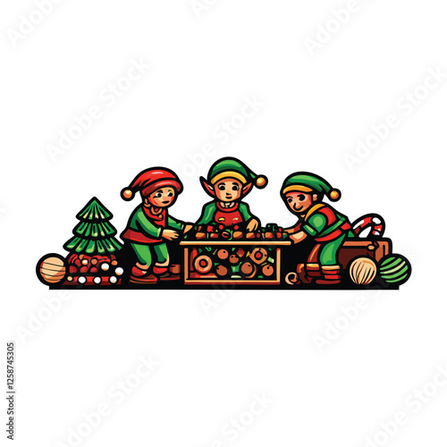 Create a vector illustration of cheerful Christmas elves, wearing green and red attire, engaged in festive activities.