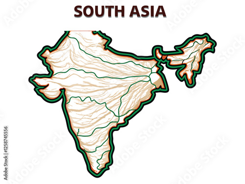 Create a clean vector outline map of South Asia, precisely showing all state/province names, with clear borders.  Include major countries and bodies of water.