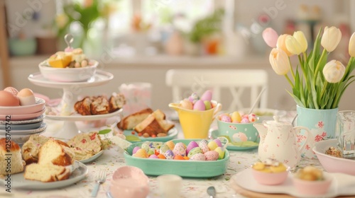 Wallpaper Mural A beautifully arranged Easter table featuring colorful decorations, pastries, and pastel eggs, showcasing a festive and cheerful ambiance for celebration. Torontodigital.ca