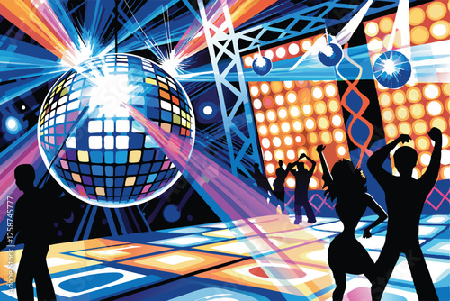 Create a vibrant vector party background featuring a dazzling disco ball, neon lights, and dynamic shapes.  Include a celebratory, energetic atmosphere.