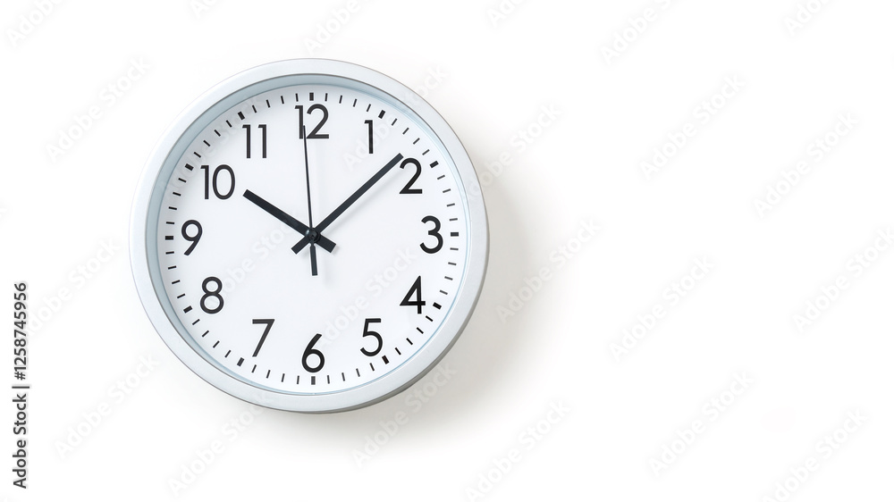 Round clock with dial isolated on white background. Positive time for business. Ten hours and ten minutes on the dial. Round clock with dial isolated on white background. Positive time for business. Ten hours and ten minutes on the dial.