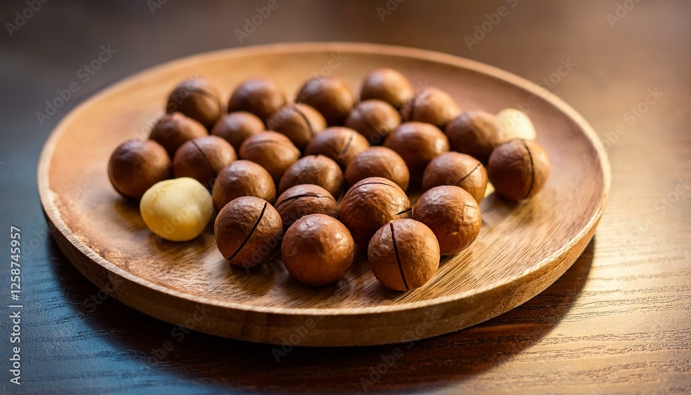 close up macadamia nuts on wooden plate close up macadamia nuts on wooden plate